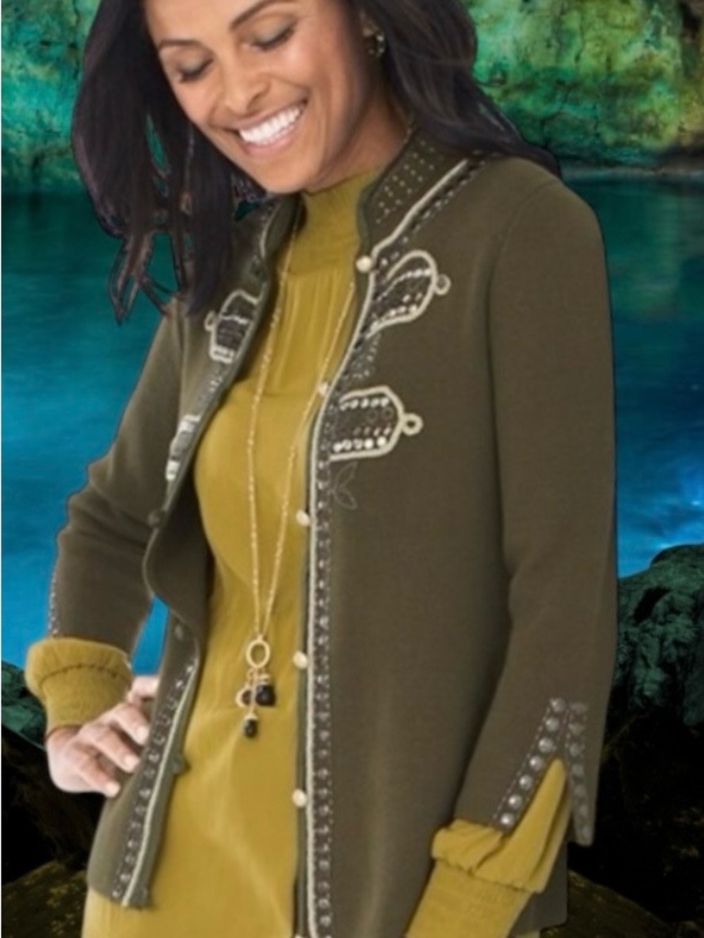 CHICO’S PETITE L 100% COTTON MILITARY STYLE EMBELLISHED CARDIGAN AMBERED OLIVE - Picture 3 of 9